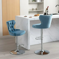 Bar Stool Swivel Chairs Set of 2, Velvet Adjustable Height Barstools with Tufted Back and Footrest, Modern Upholstered Tall Bar Stools Dining Chairs for Home Pub Kitchen Island Cafe, Light Blue