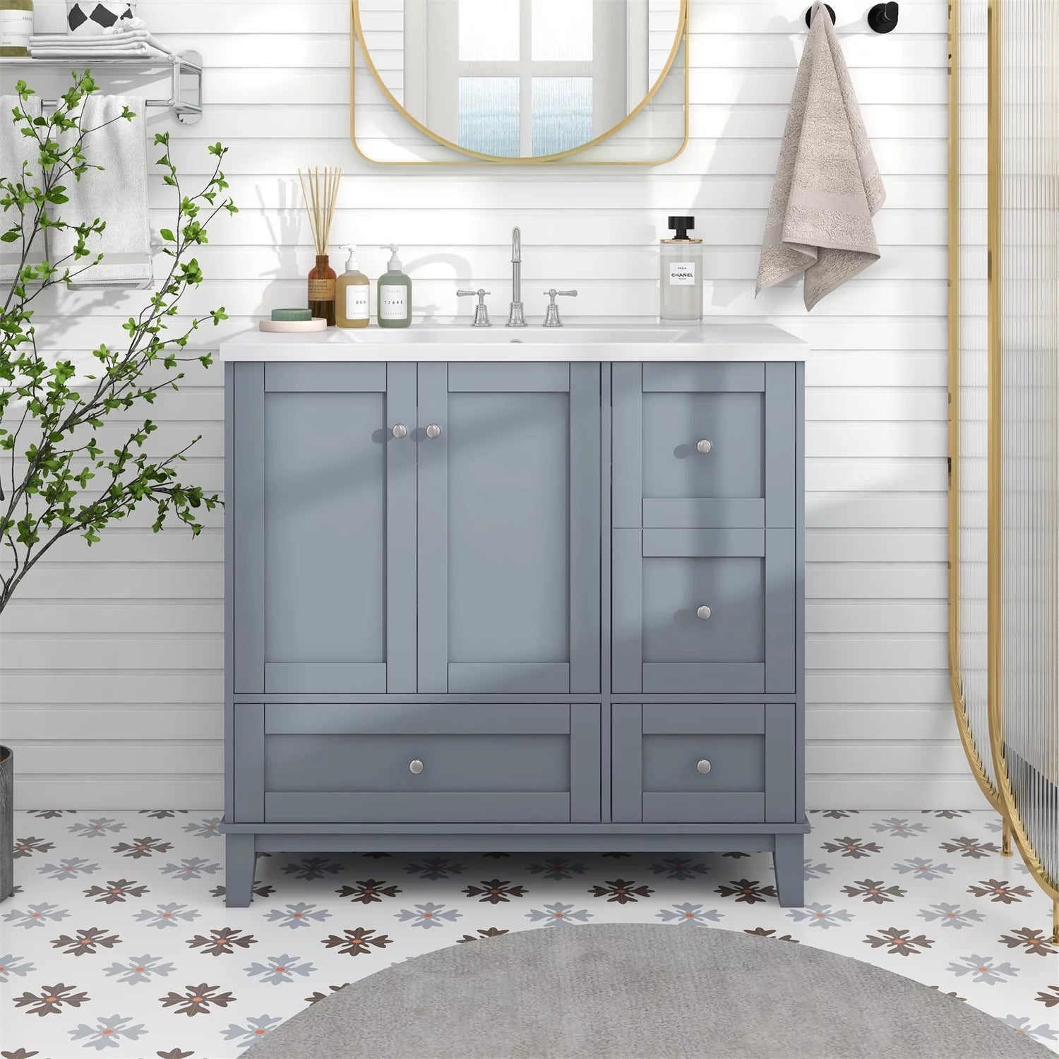 36 Inch Bathroom Vanity with Sink and USB Charging, Freestanding Floor Storage Vanity Cabinet with 2 Doors and 3 Drawers, Small Single Combo Cabinet-Faucets Not, White & Gray Blue