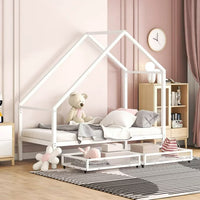 Metal Bed Frame, Twin Size House Bed with 2 Storage Drawers and Roof for Kids,Teens, Playhouse Design Bed Frame with Slats Support, No Box Spring Required, White