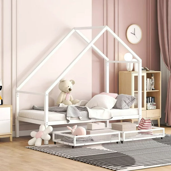 Metal Bed Frame, Twin Size House Bed with 2 Storage Drawers and Roof for Kids,Teens, Playhouse Design Bed Frame with Slats Support, No Box Spring Required, White