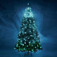 7.6 ft Pre-Lit Artificial Christmas Tree w/ 1200 PVC Branch, 300 cool white LED lights with Gradient PVC Foliage Design, Easy Set Up Metal Hinge& Foldable Base, Xmas Tree for Home Party, Green