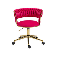 Home Office Desk Armchair with Wheels, Comfy Velvet Upholstered Accent Vanity Chair with Gold Base, Adjustable Hight Swivel Task Computer Chair for Living Room, Bedroom, Rose Red