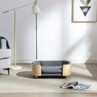 Modern Elevated Dog Cat Bed Pet Sofa with Solid Wood Legs and Bent Wood Back, Velvet Cushion, Sofa-Style Pet Beds for Small/Medium/Large Dogs & Cats, for Indoor, Small Size, Dark Gray