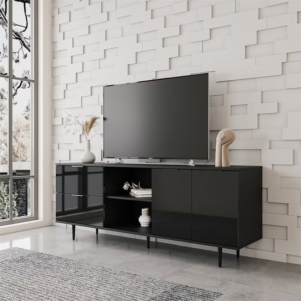 Modern TV Stand, Entertainment Center with 2 Drawers, 2 Open Shelves and 1 Storage Cabinet, TV Media Console for Living Room, Bedroom and Office, 62.99''L x 15.75''W x 25''H, Black