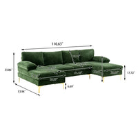 Large Convertible Sectional Sofa,110.63" U-Shaped Accent Couch Sofa with Double Chaise Lounge and 2 Arm Pillows,Upholstered Corner Sectional Sofa for Apartment Office,Living Room,Green