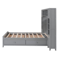 Full Size Platform Bed with All-in-One Cabinets, 10 Shelves and 4 Storage Drawers, Solid Wood Low Bed Frame for Kids Teens Adults Bedroom Guest Room, Space-Saving Design, No Box Spring Needed, Gray