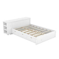 Full Bed Frame with Drawers and Twin size Trundle, Full Size Platform Bed with Extended Storage Headboard and Rolling Shelf, Wooden Frame and Slats Support, White