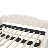 Full Linen Upholstered Daybed with Twin Size Trundle, Full Size Upholstered Tufted Sofa Bed with Nail Head Trim, Trundle Daybed with Wood Frame, Beige