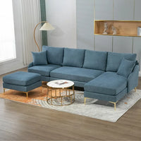 Modern 110'' W U-Shape Sectional Sofa, 4-Seat Sofa Couch with Chaise Lounge and Ottoman, Reversible Left or Right Chaise, Modular Sofa with Golden Metal Legs for Living Room Apartment Office, Blue