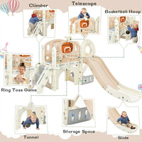 7-in-1 Kids Slide with Climber,Toddler Climber Slide PlaySet with Arch Tunnel and Basketball Hoop, Freestanding Castle Climbing Crawling Playhouse for Toddlers, Kids Climbers Playground