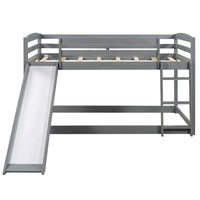 Bunk Bed with Convertible Slide for Kids Teens, Twin Over Twin Floor Bunk Bed with Ladder for Kids Bedroom, Wood Low Bunk Bed Frame No Box Spring Required, Gray, 79.2" L x 83.4" W x 49.2" H