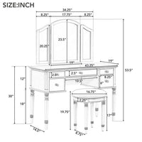 43" Luxury Dressing Table Set, Mid-centery Dresser with Tri-fold Mirror, 5 Drawers, Stool, Baroco Style Makeup Vanity Set for Bedroom, Living Room, Silver