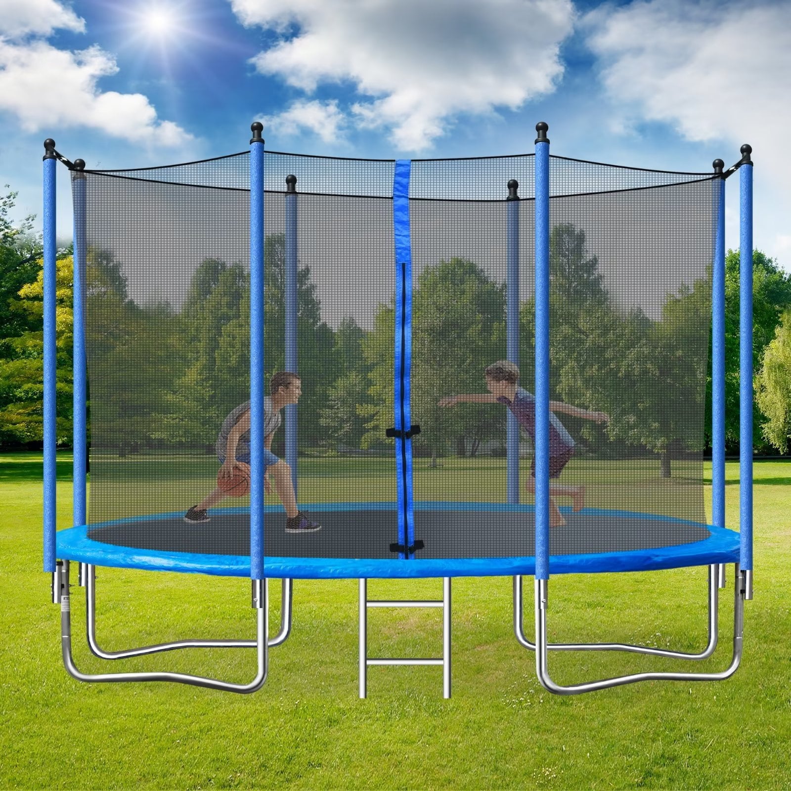 10ft Round Trampoline for Kids with Safety Enclosure Net , Outdoor Recreational Trampoline with Metal Ladder and Steel Tube, ASTM Approved Trampoline & High Stability