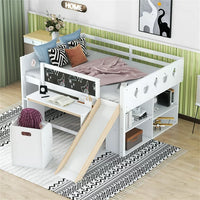 Full Size Loft Bed with Desk and Slide for Kids, Wooden Low Full Loft Bed Frame with Blackboard and Chair for Kids Boys Girls, Open Cabinets and Built-in Staircase Design, White