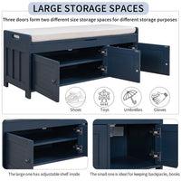 43.5''Storage Bench, Shoe Bench with 3 Shutter-shaped Doors, Rustic Entryway Bench with Removable Cushion and Hidden Storage Space, Antique Navy