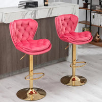 Bar Stools Set of 2, Velvet Upholstered Counter Height Barstools with Soft Cushions & Footrest & Gold Metal Base, Swivel Height Adjustable Dining Chairs for Kitchen Island, Living Room, Pink