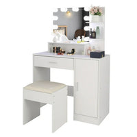 Makeup Vanity Desk with Lighted Mirror and 3 Shelves, White Dressing Table with A Drawer and A Cabniet, Vanity Table with Metal Frame and Particle Board, Modern Vanity Table with Mirror for Bedroom