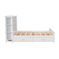 Full Size Bed Frame with 4 Storage Drawers, Wood Full Size Platform Bed with Storage Shelves Headboard, Full Storage Bed with Support Legs for Girls Boys, No Box Spring Needed, White
