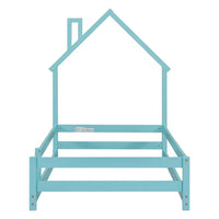 Twin Size Floor Bed, Wooden Montessori Bed Fence Bed with House Shape Headboard, Wood House Bed Platform Bed, for Boys Girls, Low to Ground Height, No Box Spring Needed, ight Blue
