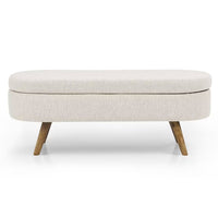 Ottoman Bench with Storage,Linen Fabric Upholstered Bench Bedroom Oval Storage Bench with Rubber Wood Legs for Living Room Bedroom Entryway,Beige