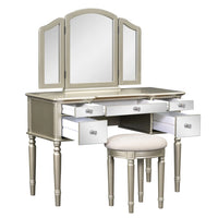 43" Luxury Dressing Table Set, Mid-centery Dresser with Tri-fold Mirror, 5 Drawers, Stool, Baroco Style Makeup Vanity Set for Bedroom, Living Room, Gold