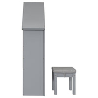 House-Shaped Desk with Cushion Stool, Wooden Desk and Chair Set with Roof and a Stepped Desk Surface, Kid's Reading Writing Desk Set for Bedroom Study Room