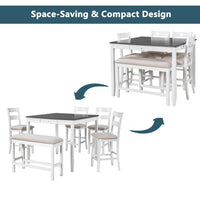 6-Piece Dining Table Set for 4-6 Persons,Solid Wood Rectangular Dining Table with Storage Drawer,Counter Height Square Kitchen Set with 4 Upholstered Chair and A Bench for Kitchen Dinning Room,White