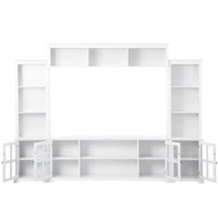 Entertainment Wall Unit with Bridge, Wooden TV Console Table for TVs Up to 70'', Entertainment Center with Shelves & Glass Doors, Multifunctional TV Stand with Storage Cabinets for Living Room, White