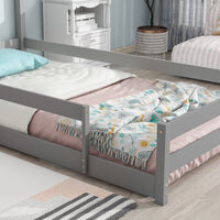 Twin Size Floor Bed, Wooden Montessori Bed Fence Bed with House Shape Headboard, Wood House Bed Platform Bed, for Boys Girls, Low to Ground Height, No Box Spring Needed, Grey