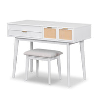 43.3" Vanity Dressing Table with Flip-top Mirror and 3 Storage Drawers, Wood Vanity Desk with Upholstered Fabric Stool, Makeup Vanity Set for Bedroom, Small Space, White
