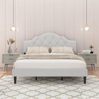 Full Size Platform Bed with Button Tufted Headboard, Heavy Duty Platform Bed Frame with 4 Steel Slats & Center Support Legs & Under Bed Storage for Adults, Box Spring Needed, Easy Assembly Light Beige