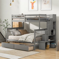 Bunk Bed with 2 Drawers and Storage Staircases, Solid Wood Twin Over Full Bunk Bed Frame with Safety Guardrail, Headboard, Footboard and Handrails, Convertible into 2 Beds, No Box Spring Needed, Grey