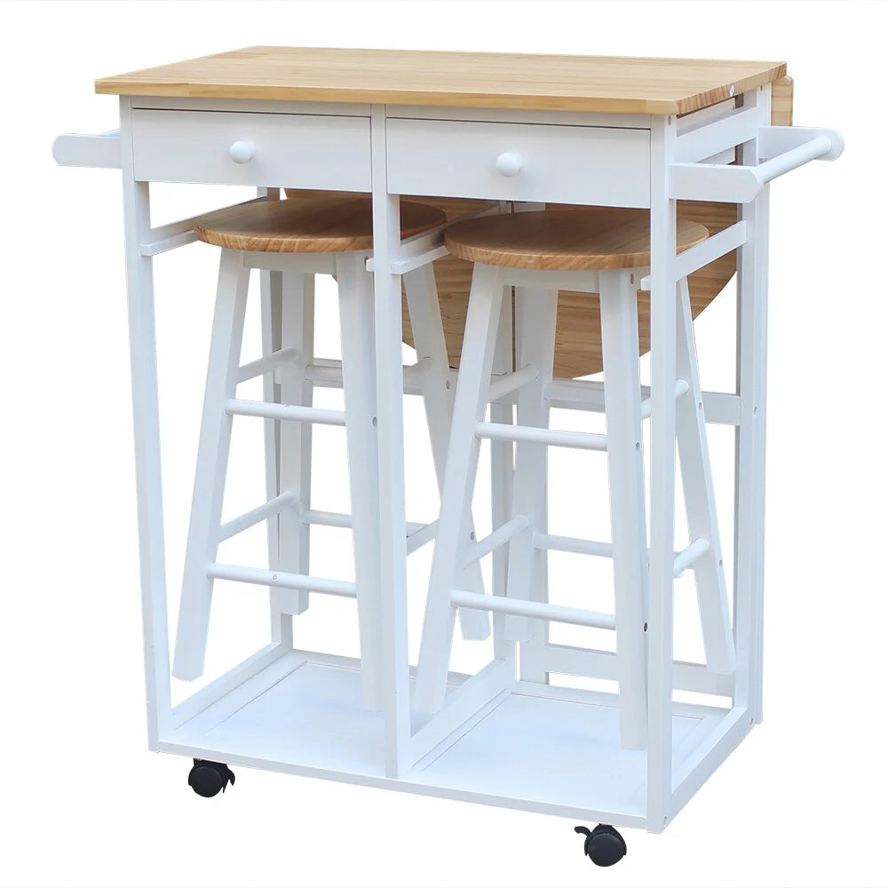 3Pcs Wood Dining Table Set, Rolling Casters Breakfast Cart Set with 1 Side Folding Drop Leaf 2 Drawers Kitchen Island Cart with 2 Stools Space Saving for Kitchen Living Room