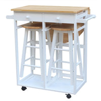 3Pcs Wood Dining Table Set, Rolling Casters Breakfast Cart Set with 1 Side Folding Drop Leaf 2 Drawers Kitchen Island Cart with 2 Stools Space Saving for Kitchen Living Room