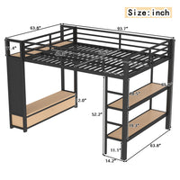Triple Tree Queen size Loft Bed Frame with Wardrobe,Metal Loft Bed with Storage Shelves and Pegboard,Black