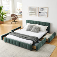 Triple Tree Queen Size Upholstered Bed ,comfortable upholstered bed frame, Chenille fabric, with headboard and solid bed frame. With drawer for storage.-green(88.5''*68.5''*31'')
