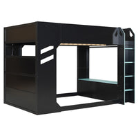 Triple Tree Full Size Wood Loft Bed with Height-adjustable Desk,Drawers,Storage Compartments,Hanging Rod and RGB Lights,Blue