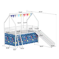 Triple Tree Metal Junior House Twin Loft Bed with Slide and Curtain Set and Pennant Banner Flag and Star Stickers, White with Blue