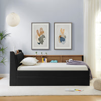 Triple Tree Twin Size Upholstery Velvet Height Adjustable Day Bed with Storage Headboard and Wireless Charging, Multi-functional Daybed with Trundle Bed & LED Lights, Black