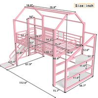 Triple Tree Full House Loft bed with Slide and Stairs, Metal Playhouse Bed with Storage Shelves, House-shaped Roof and Noise-free Design, Pink