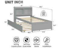 Twin Bed with Trundle, Twin Size Platform Bed with Bookcase Headboard and Pull Out Trundle Bed for Kids Teens Adults, Wooden Twin Bed Frame with Storage Shelves, Bed Frame for Living Room, Gray