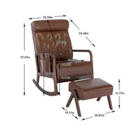 Rocking Chair With Ottoman, Mid-Century Upholstered Rocking Armchair with Thick Padded Cushion & Side Pocket & High Backrest, Nursery Glider Rocker Chair for Living Room Bedroom, Brown PU