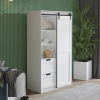 71-inch High Wardrobe Closet and Cabinet with Hanging Rod,Wall Clothes Locker,Classic Sliding Barn Door Armoire for bedroom Cloakroom Hanging Clothes Bags Hats,Standing Storage Cabinet,Antique White