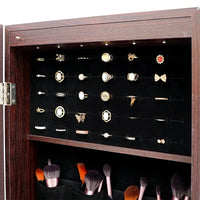 Jewelry Mirror Cabinet with LED Lights, Full Length Jewelry Organizer Armoire with 22 Hooks, 2 Cubes, 4 Lined Shelves & Rod, Lockable Storage Cabinet Can Be Hung On The Door Or Wall for Bedroom, Brown