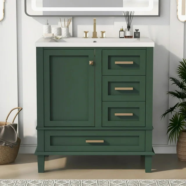 Bathroom Vanity with 30" Resin Sink Combo Set, Bathroom Storage Cabinet with 3 Drawers, A Soft-Close Door, Solid Wood Frame, Green