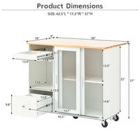 Kitchen Island with Drop Leaf, Modern LED Light Kitchen Cart on Wheels with 2 Fluted Glass Doors and 1 Flip Cabinet Door, 44" Large Kitchen Island Cart with an Adjustable Shelf and 2 Drawers, White