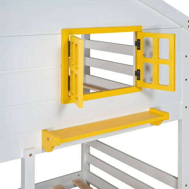 Twin Over Twin House Bunk Bed with 2 Drawers, 1 Storage Box, 1 Shelf, Window and Roof, Wooden Bunk Bed Frame with Ladder and Guardrails, White