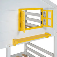 Twin Over Twin House Bunk Bed with 2 Drawers, 1 Storage Box, 1 Shelf, Window and Roof, Wooden Bunk Bed Frame with Ladder and Guardrails, White