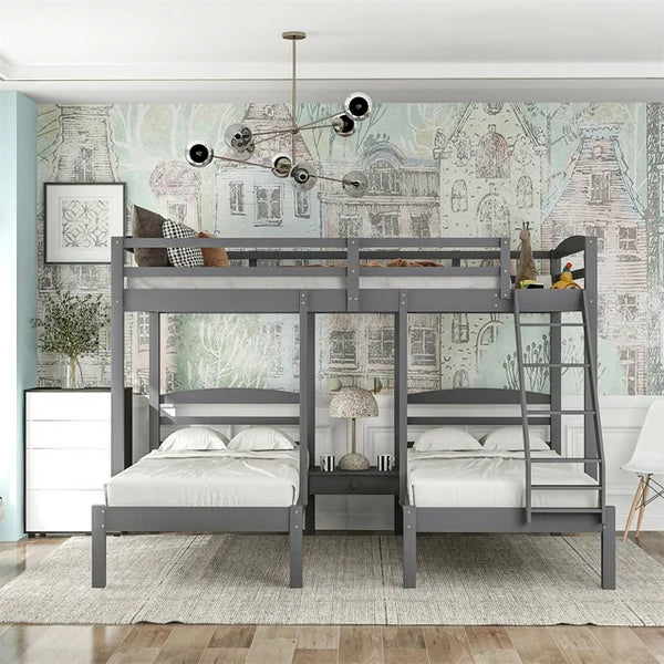 Classic Full Over Twin & Twin Bunk Bed,Triple Bunk Bed with Built In Desk and Drawer,Wooden Bed Frame with Ladder and Safety Guardrails for Kids Teens Adults,No Box Spring Needed, Gray
