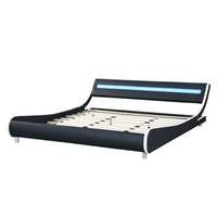 King Size Platform Bed with LED Light Headboard, Faux Leather Upholstered Platform Bed Frame with Curve Design and Wood Slat Support, No Box Spring Needed, Easy Assemble, Black White